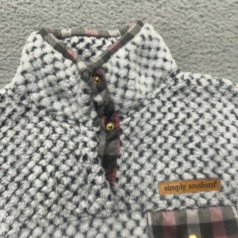 Simply Southern White and Black Patterned Fleece Pullover with Plaid Accents - Picture 3 of 9